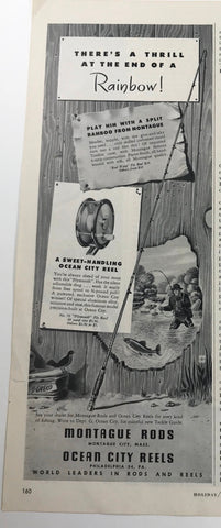 Vtg 1949 Ocean City Reels Montague Rods Illustrated Print Ad Fishing Bamboo Rod