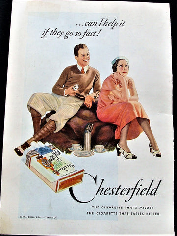 1933 Out of Chesterfield Cigarettes Pretty Girl Picnic Advertising Art Print Ad