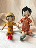 2 Vintage Big Eyed Dolls Made in Japan Wire Arms Legs Poseable Fabric Clothes