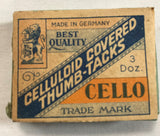 Atq Celluloid Covered Thumb Tacks CELLO Brand Germany NOS Advertising Wood Box - Cabin Fever Purveyors