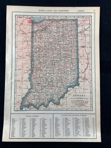 Antique 1921 USA Map Double Sided Indiana / Iowa by LL Poates Eng Co