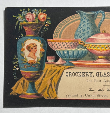 Victorian Trade Card L.A May and Co Crockery Glass China Lynn Massachusetts