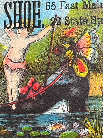 Victorian Trade Card Wm Eastwood Shoe Dealer Big Shoe Swan Boat Baby Butterfly