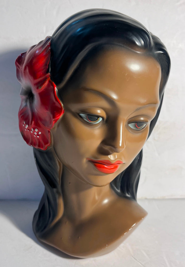 Vtg Aloha Lady Woman Head w/ Hibiscus Maui Hawaii Ceramic Bust Statue Tiki MCM