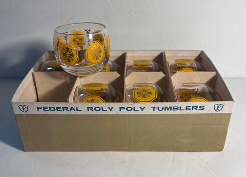 VTG MCM Federal Glass Roly Poly Glasses Set 8 Original box Gold Floral Octagna