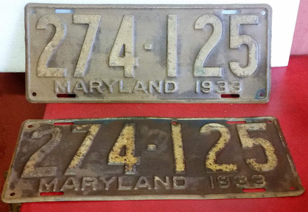 Antique 1933 Maryland Matched Set Pair License Plates 274-125 - Cabin Fever Purveyors