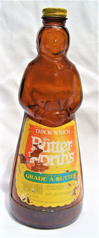 10" Tall 24 oz Mrs Butterworths Glass Syrup Amber Brown Bottle Metal Cap & Label