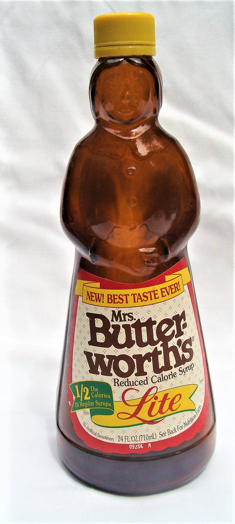 VTG 10" Tall 24 oz Mrs Butterworth's Glass Syrup Amber Brown Bottle Both Labels