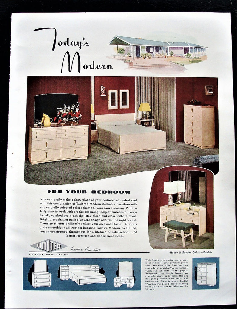 VTG MCM United Furniture Wood Bedroom Suites Sets Mod Advertising Photo Print Ad