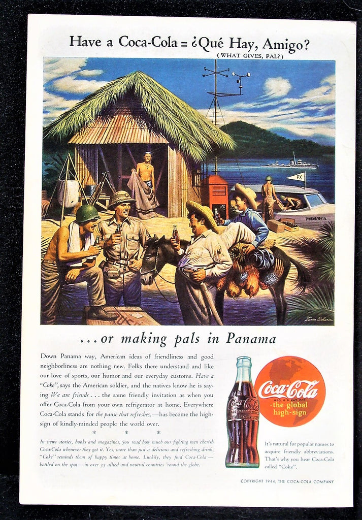 1944 Coca-Cola Coke  WW2 Soldiers Panama Way Grass Hut Speed Boat Photo Print Ad