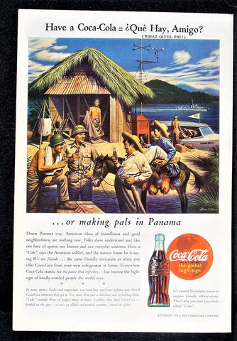 1944 Coca-Cola Coke  WW2 Soldiers Panama Way Grass Hut Speed Boat Photo Print Ad