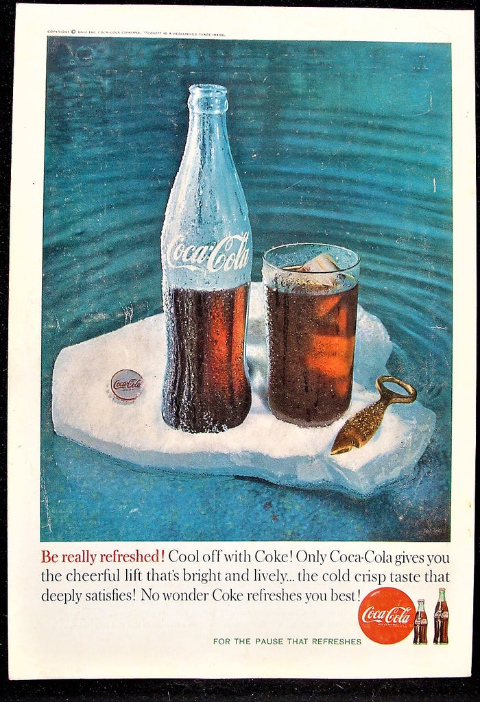 1960 Coca-Cola Coke Floating Iceberg 16 oz Bottle & Cap Glossy Photo Print Ad