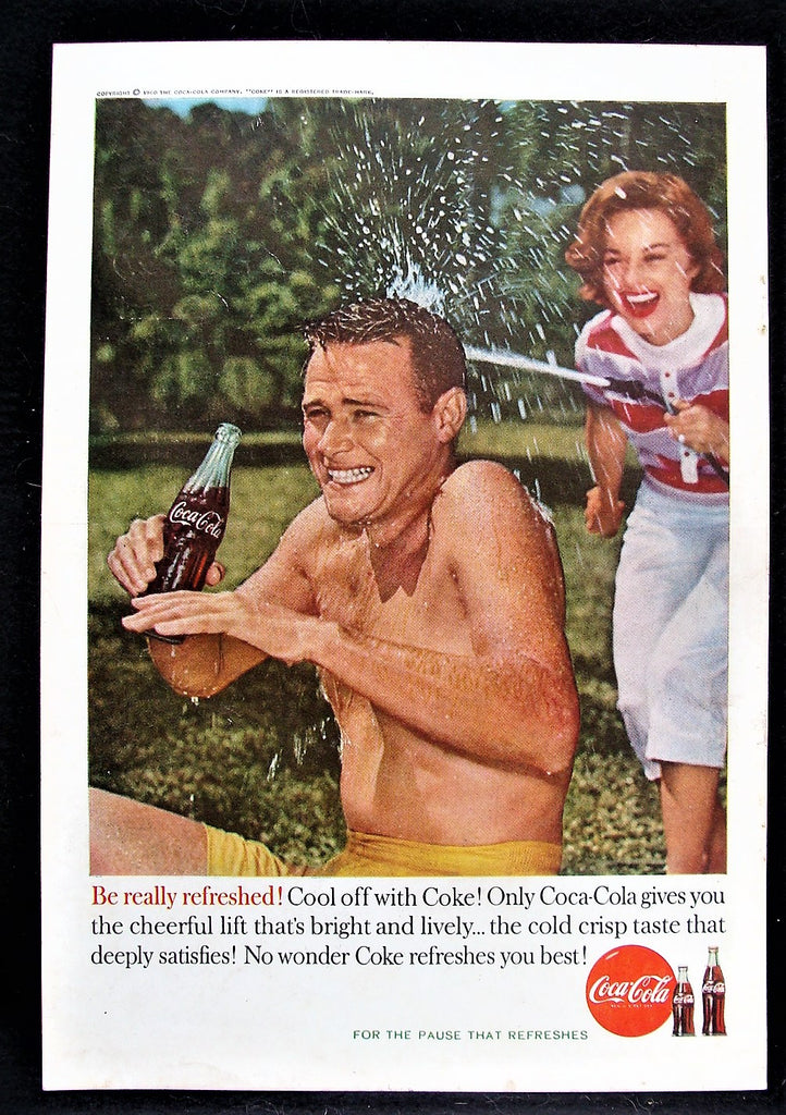 1960 Coca-Cola Coke Husband Getting Hosed by Wife Drinking Glossy Photo Print Ad