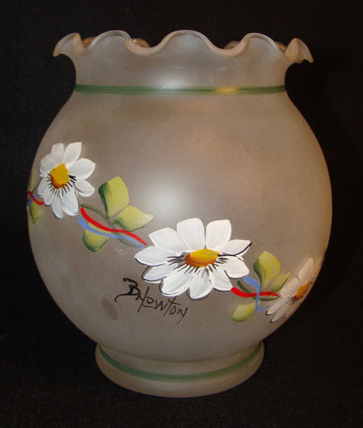Vtg 5" Ruffled Frosted Rnd Glass Bowl Vase Hand Painted Daisies Signed B. Newton