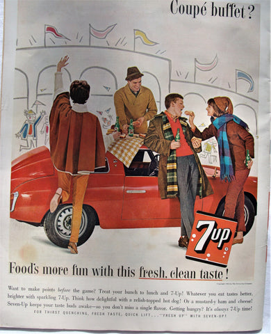 1962 Large Red Coupe' Buffet Tailgate Party Football 7 Up Soda Picnic Print Ad - Cabin Fever Purveyors