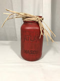 Hand Painted Mason Quart Jar Rustic Fall Farmhouse Decor Atlas Grungy Red OOAK