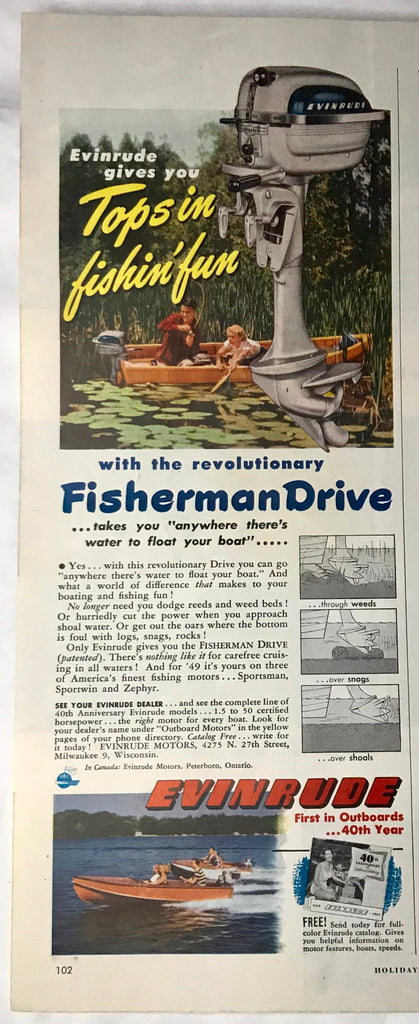 Vtg 1949 Evinrude Outboard Motor Illustrated Print Ad Boating Fishing Fisherman
