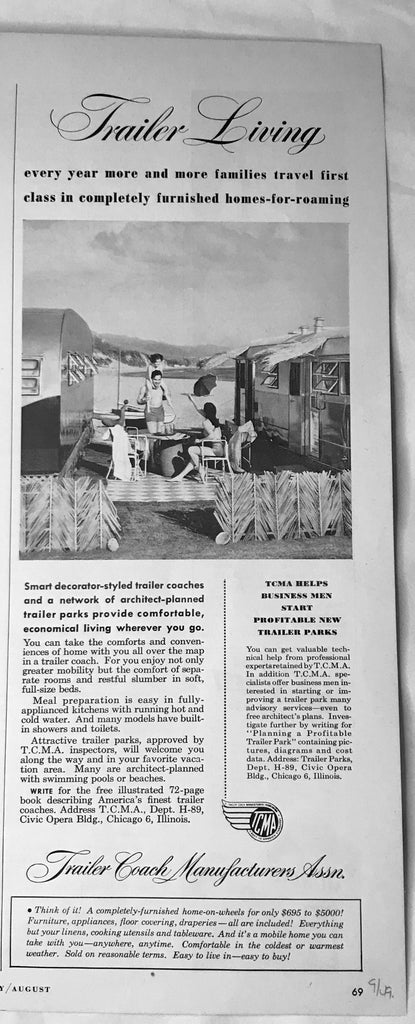 Vtg 1949 Vagabond Coach Mfg Co Trailer Illustrated Print Ad Travel Living Patio