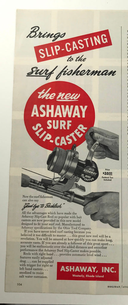 Vtg 1949 Ashaway Surf Slip-Caster Illustrated Print Ad Fishing Tackle Reel
