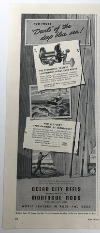Vtg 1949 Ocean City Reels Montague Rods Illustrated Print Ad Fishing Zephaloy