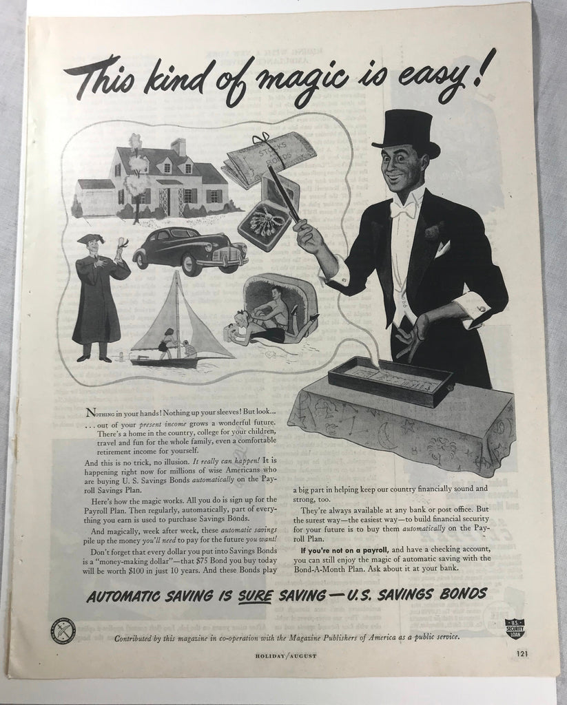 Vtg 1948 U.S. Savings Bonds Illustrated Print Ad Magician Saving Magic