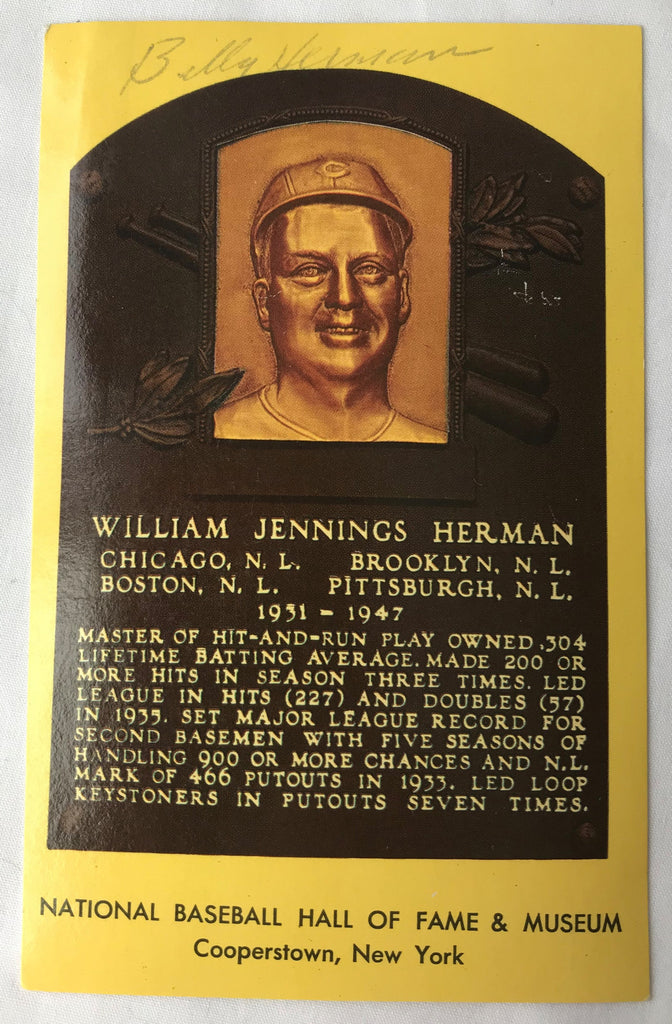 VTG Autograph HOF Baseball Player BILL WILLIAM HERMAN Yellow Plaque PostCard PC - Cabin Fever Purveyors