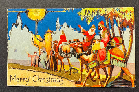Vintage Christmas Postcard 3 Wise Men Glitter Made in USA Color Unposted