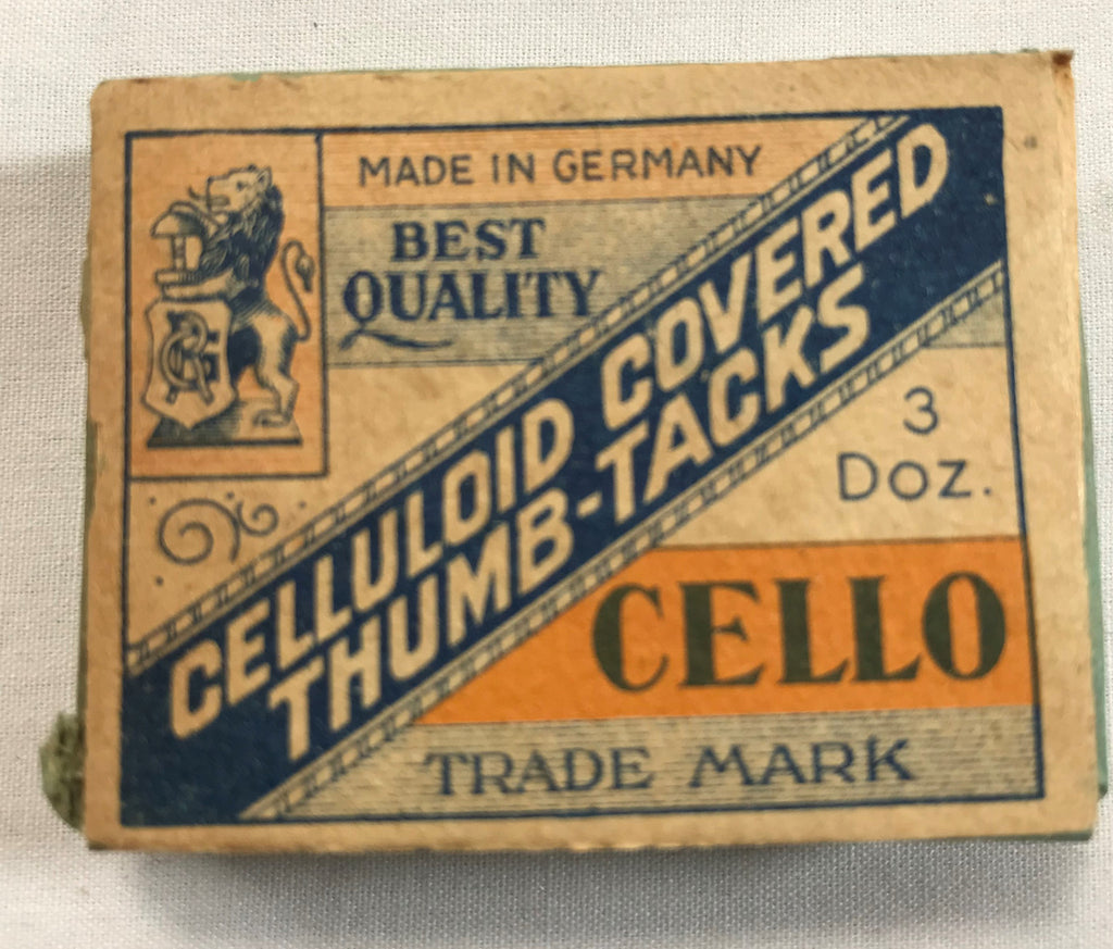 Atq Celluloid Covered Thumb Tacks CELLO Brand Germany NOS Advertising Wood Box - Cabin Fever Purveyors