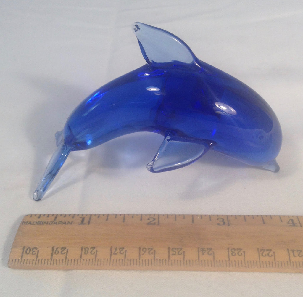 Art Glass 4" Leaping Dolphin Hand Blown Blue Jumping Sculpture Paper weight