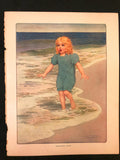 Antique 1911 Color Plate Little Girl Surprised in Water at the Beach M L Kirk
