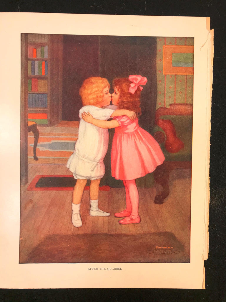 Antique 1911 Color Plate After the Quarrel M L Kirk 2 Little Sisters Kissing