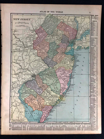 Antique 1919 USA Map Double Sided New Jersey / Western Pennsylvania