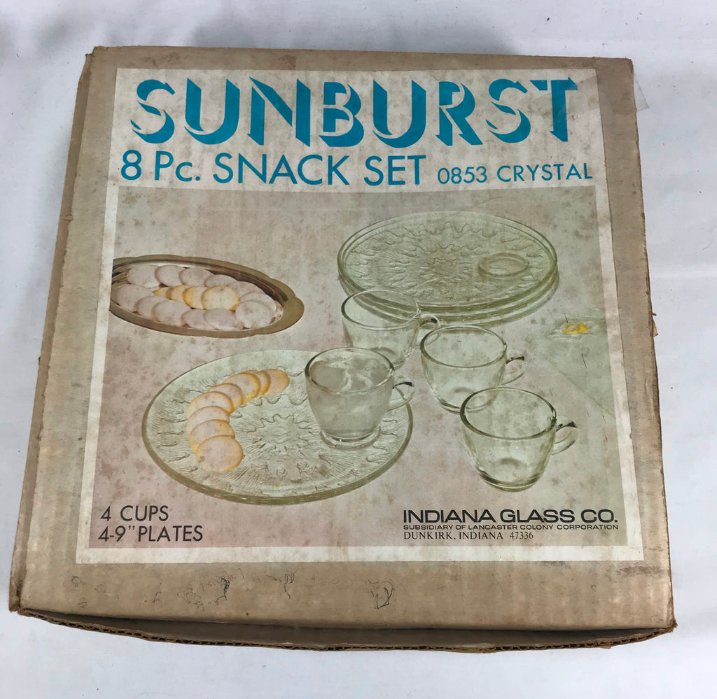 Vintage Sunburst 8 pc Snack Set Crystal Indiana Glass Co in Box 0853 Excellent
