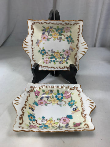 2 Crown Staffordshire Bone China Birds Butterfly Butter Pat / Nut Dish 4" Square - Cabin Fever Purveyors