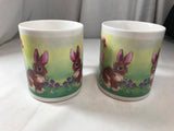 Easter Mugs Set of 2 Playful Bunnies Butterflies Flowers Made in China - Cabin Fever Purveyors
