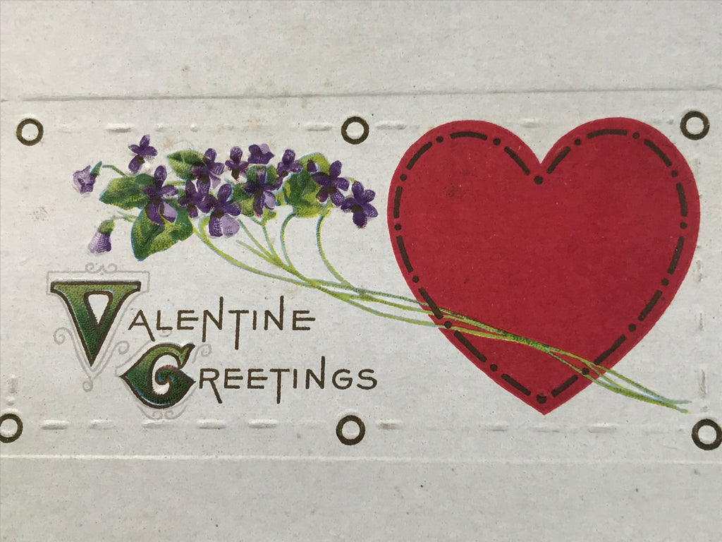 Vtg Stecher Litho Valentine Greetings Post Card c. 1920 Embossed Violets Heart - Cabin Fever Purveyors