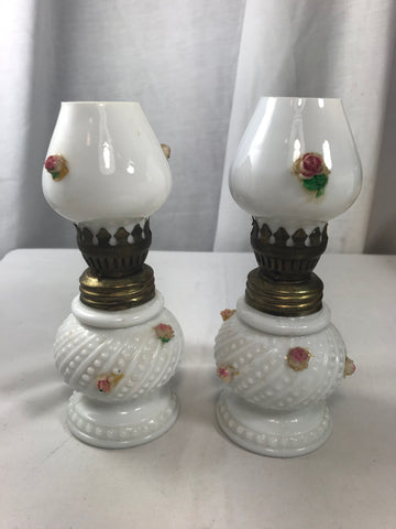 Vintage Miniature Milk Glass Oil Lamp with Applied Pink Roses Mini Hong Kong - Cabin Fever Purveyors